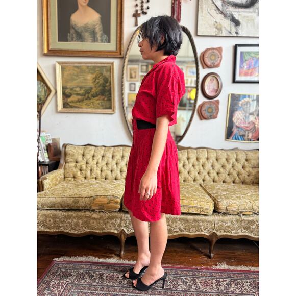 80s Vintage Red and Black Polka Dot Belted Dress Size Small - Picture 4 of 8